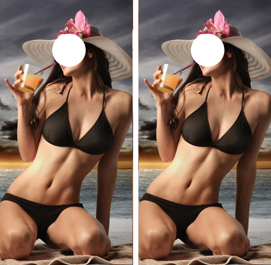 Beach Black Bikini Girl Cornhole Wrap FREE LAMINATE