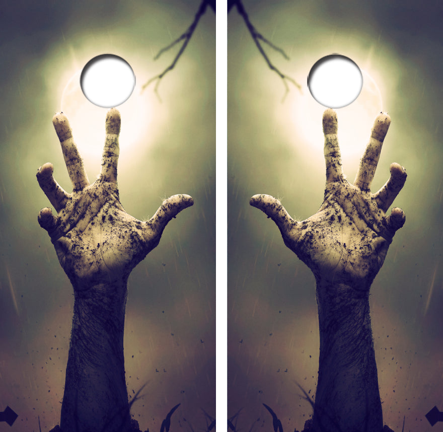 Zombie Hands Unearthing Cornhole Wrap Decal with Free Laminate Included