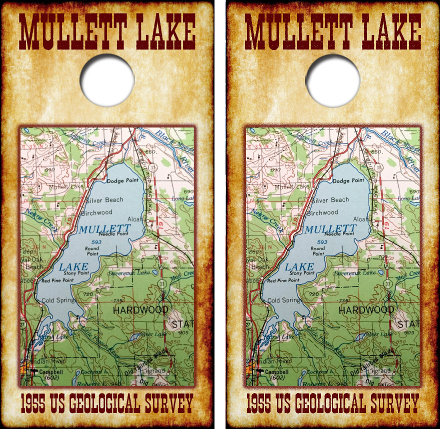 1955 Mullett Lake Map Cornhole Wrap Decal with Free Laminate Included