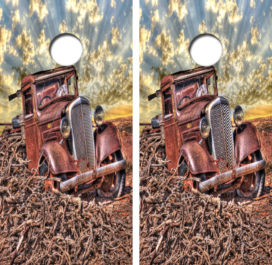 Abandoned Rusty Pick Up Truck Cornhole Wrap Decal with Free Laminate Included