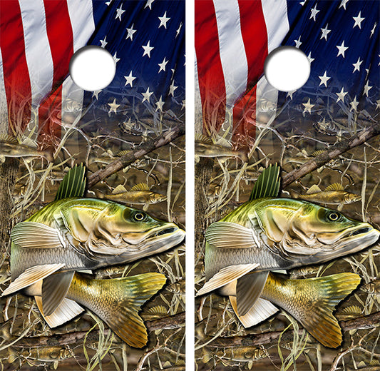 Walleye American Flag Cornhole Wood Board Skin Wraps FREE LAMINATE