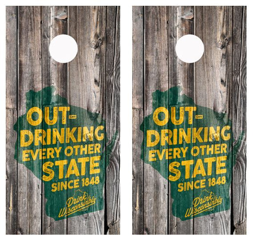 Wisconsin Out Drinking... Barnwood Cornhole Wood Board Skin Wrap