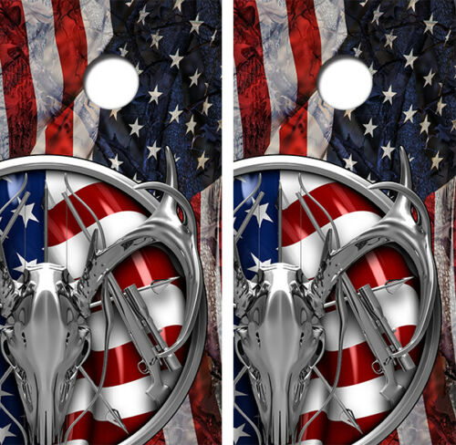 American Deer Hunt Flag Cornhole Wood Board Skin Wraps