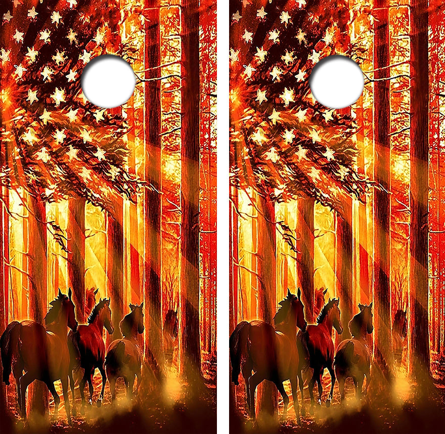 Wild Horses American Flag Cornhole Wrap Decal with Free Laminate Included