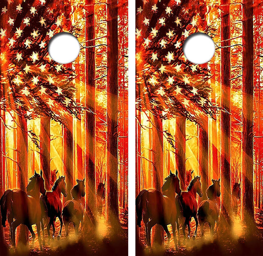 Wild Horses American Flag Cornhole Wrap Decal with Free Laminate Included