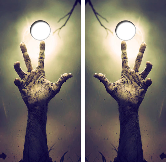Zombie Hands Unearthing Cornhole Wrap Decal with Free Laminate Included