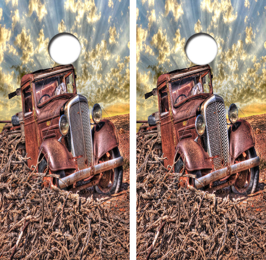 Abandoned Rusty Pick Up Truck Cornhole Wrap Decal with Free Laminate Included