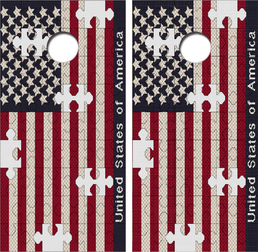American Flag Puzzel Cornhole Wrap Decal with Free Laminate Included