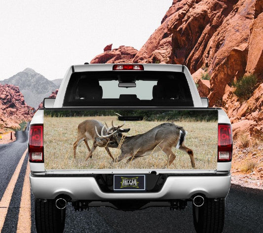 White Tail Deer Bucks Fighting During Rut Tailgate Wrap Vinyl Graphic Decal Sticker